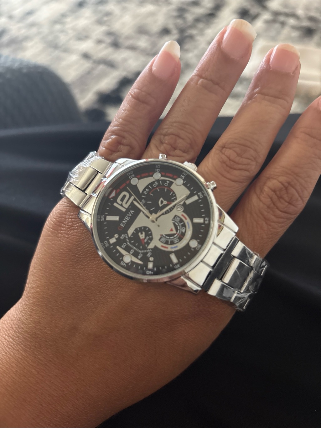 Geneva Silver Bracelet Watch With Black Dial And White Accents